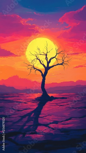 Silhouetted tree stands tall against a vibrant sunset backdrop