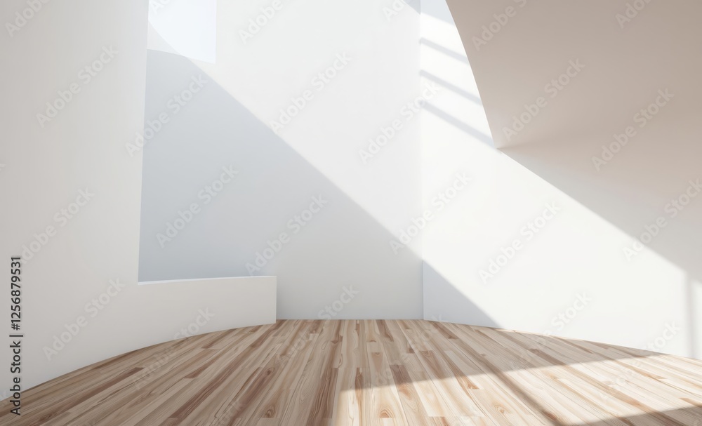3d stimulate of white room interior and wood plank floor with sun light cast rhythm of shadow on the wallperspective of minimal design architecture architecture photographyarchitecture city building u