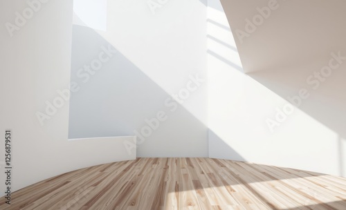 Obraz na płótnie 3d stimulate of white room interior and wood plank floor with sun light cast rhythm of shadow on the wallperspective of minimal design architecture architecture photographyarchitecture city building u w salonie