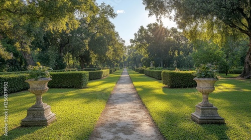 Sunlit garden pathway with lush greenery and decorative vases. Generative AI photo