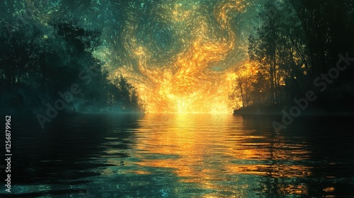 An ethereal abstract featuring sacred rivers glowing with divine patterns