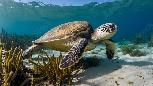 Seagrass Sanctuary: A Kemp's Ridley Turtle Surrounded by Ocean Life photo