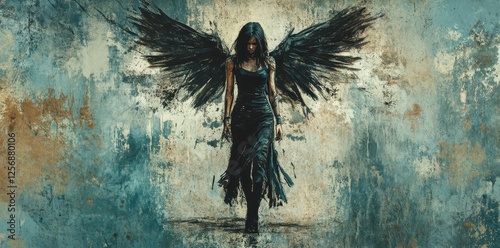 Wallpaper Mural Dark angel walking forward with striking black wings behind Torontodigital.ca