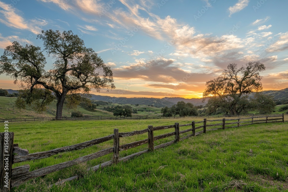 A rustic fence lines a peaceful meadow, framed by tall trees and vibrant sunset clouds, with soft light casting long shadows and creating a tranquil nature scene. Perfect for outdoor promotions. A rustic fence lines a peaceful meadow, framed by tall trees and vibrant sunset clouds, with soft light casting long shadows and creating a tranquil nature scene. Perfect for outdoor promotions.