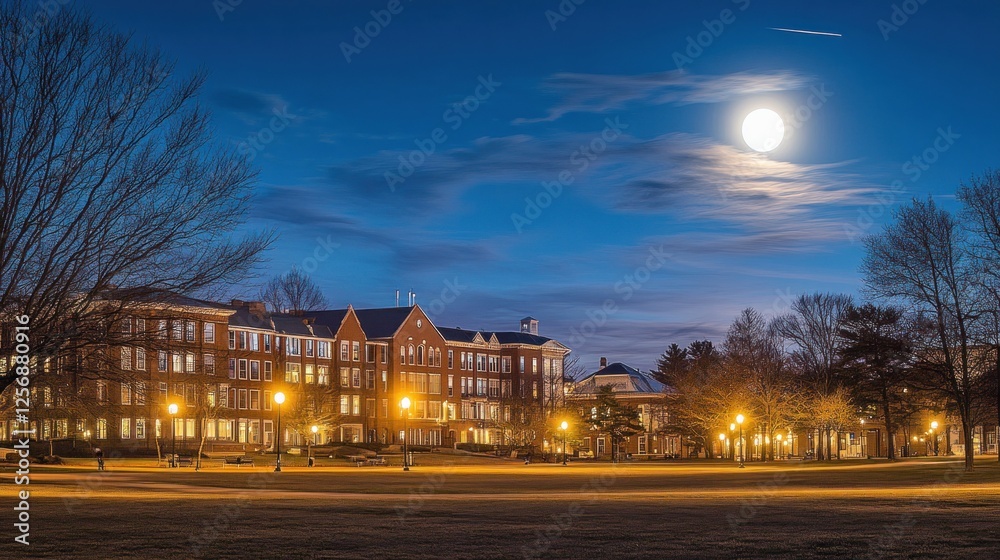 Serene Night at University Campus under a Full Moon Serene Night at University Campus under a Full Moon
