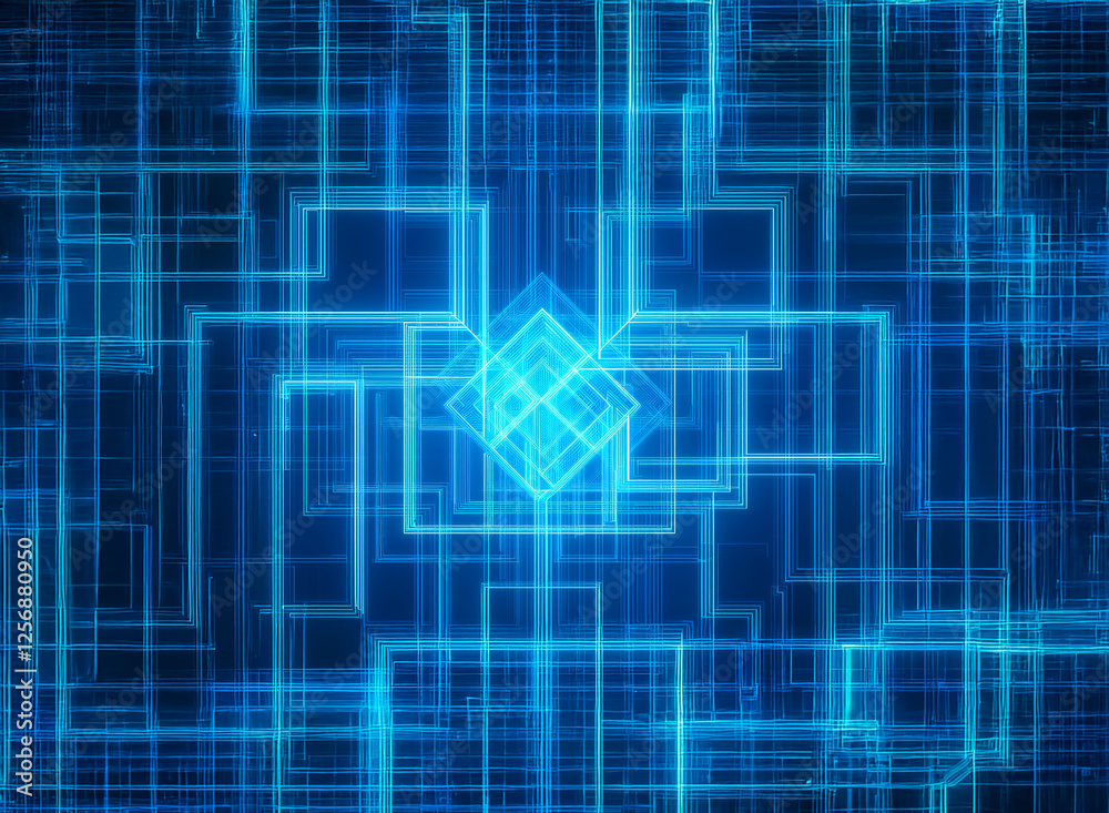 Blue glowing geometric lines and squares create a symmetrical design radiating from the center. It evokes a futuristic and technological feel. Blue glowing geometric lines and squares create a symmetrical design radiating from the center. It evokes a futuristic and technological feel.