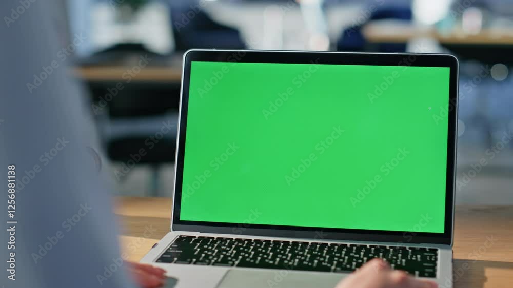 Freelancer working green screen laptop sitting office coworking space closeup. 