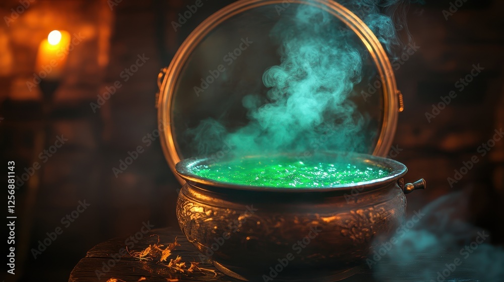 Steaming cauldron with glowing green potion, ornate metal. Perfect for Halloween, fantasy, or witchcraft themes.