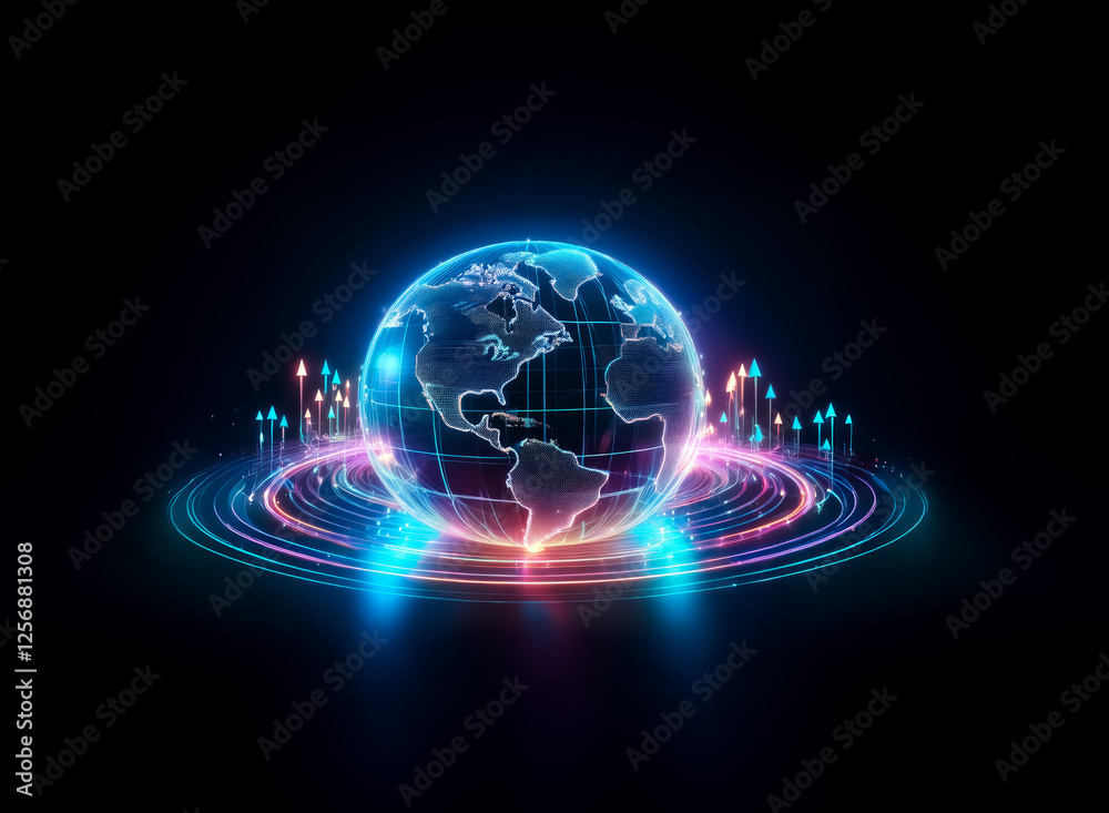 Obraz premium A luminous globe emitting neon blue and pink light is centered against a stark black backdrop, encircled by vibrant rings of light, suggesting a digital or futuristic representation of Earth.