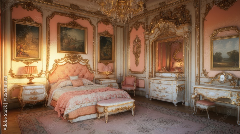 Fototapeta premium A luxurious bedroom featuring Peach Fuzz walls adorned with gold picture frames.