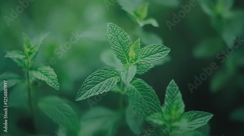 Close-up view of fresh mint leaves in a lush green garden, showcasing vibrant foliage and depth