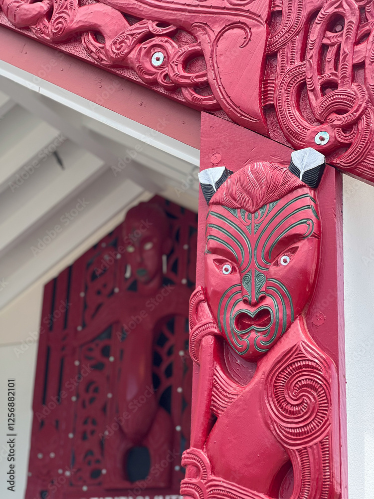 Maori decoration on the rwall of Te Tiriti O Waitangi Marae in the Bay of Island