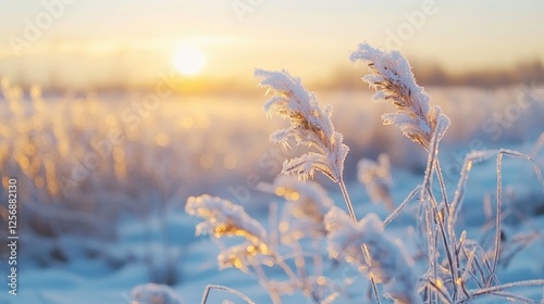 Frost-covered grass glistens in the morning sun, illuminating a serene winter landscape