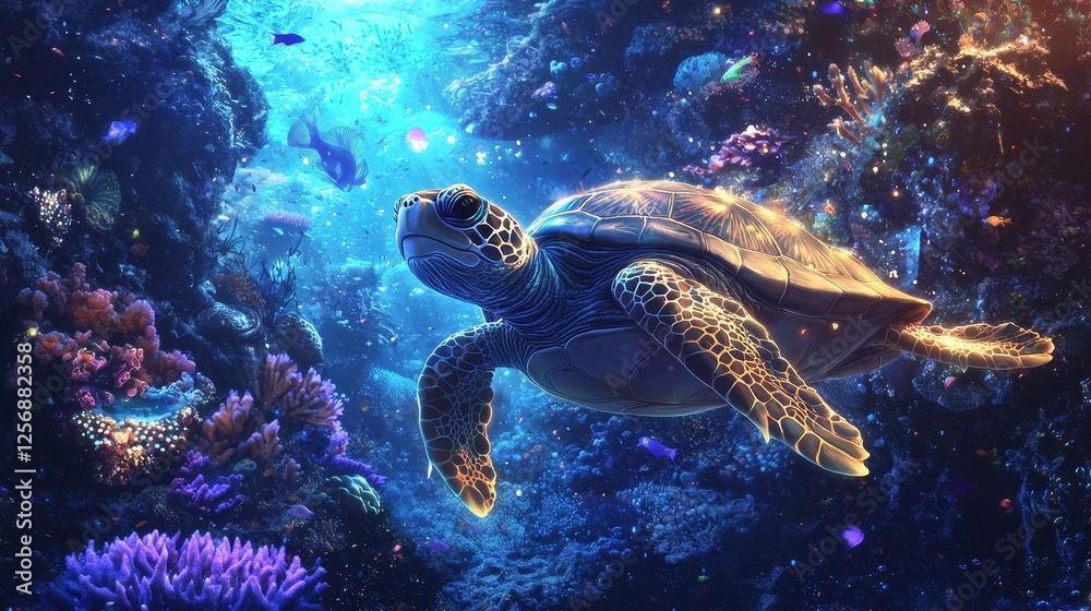 Obraz premium Majestic Sea Turtle Swimming Gracefully Through Vibrant Coral Reef
