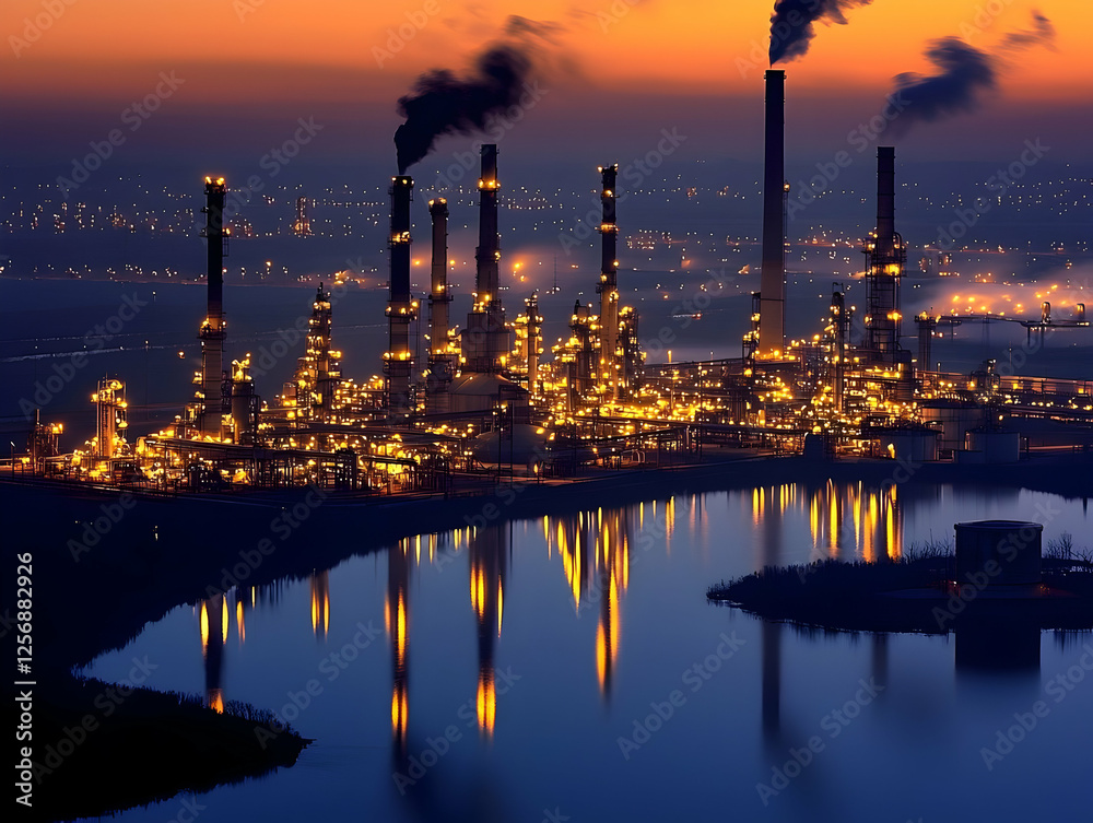 Fototapeta premium Night Refinery, Industrial Complex, Water Reflection