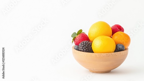 Vibrant assortment of fresh fruits in a wooden bowl against a clean white background