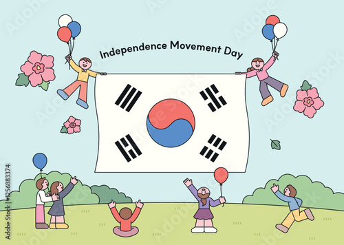 Illustration celebrating Korea's Independence Movement Day.  featuring people holding Taegeukgi, Mugunghwa, and balloons. Flat vector design, perfect for patriotic and historical themes.