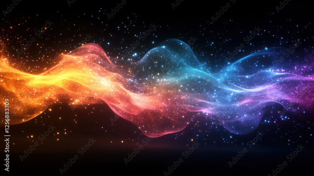 Colorful abstract wave pattern with glowing particles in a dark background, creating a dynamic effect Colorful abstract wave pattern with glowing particles in a dark background, creating a dynamic effect