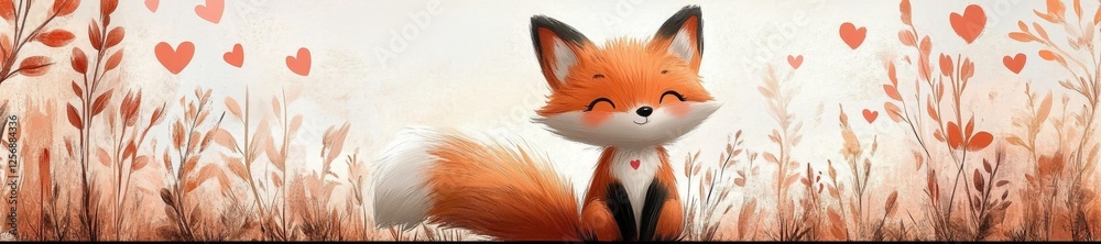 Fototapeta premium Cute Fox with Hearts and Soft Floral Background. Generative AI