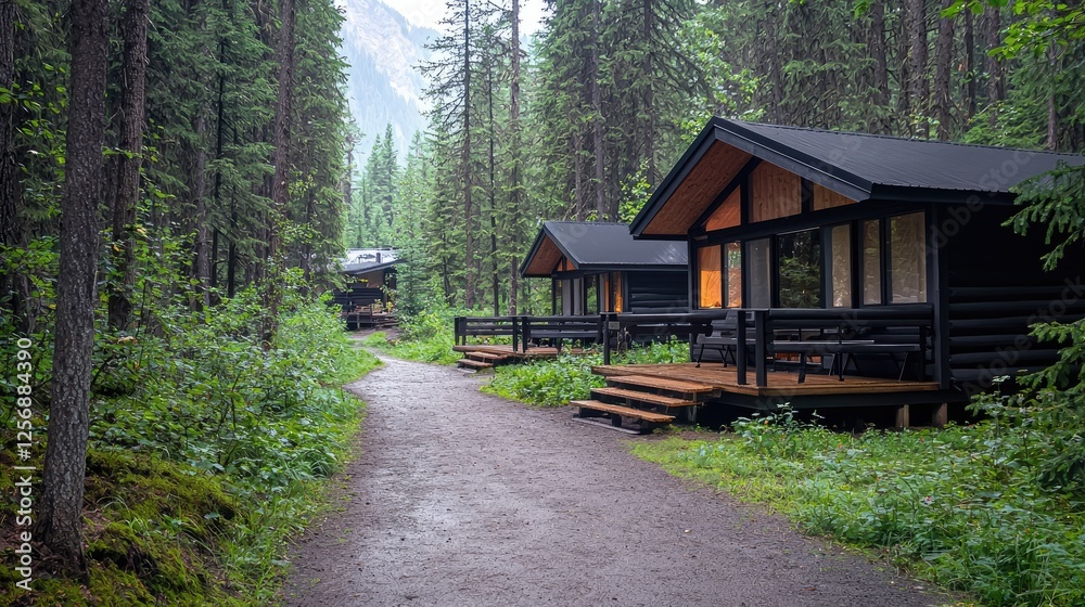 Mountain cabins, forest path, misty background, tranquil getaway