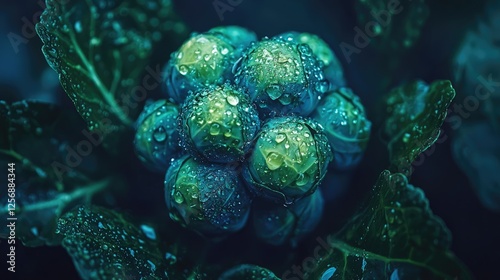 Close-up of dewy Brussels sprouts nestled among green leaves, showcasing freshness and nature's beauty