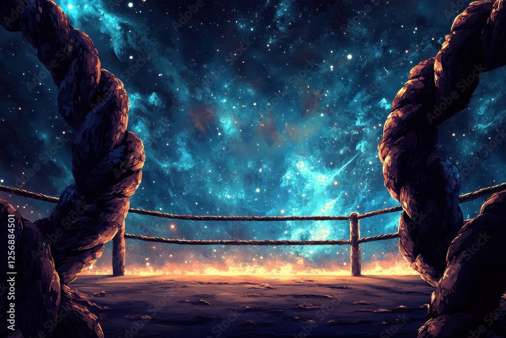 Fototapeta premium Boxing ring with ropes set against a cosmic background