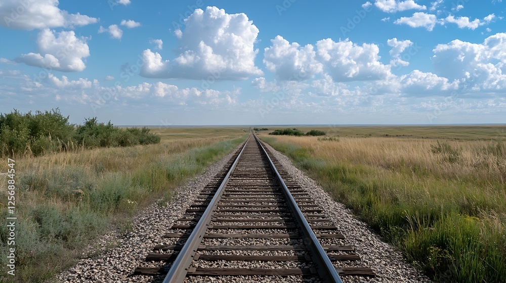 Fototapeta premium Endless railway tracks stretching through grassy fields under a bright blue sky : Generative AI