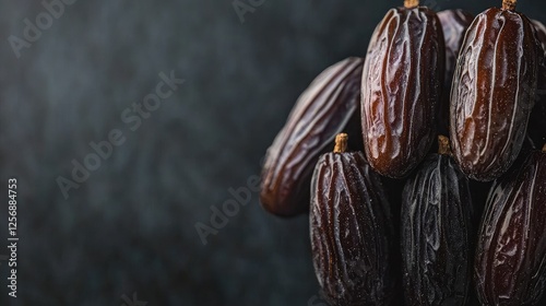 A close-up of fresh, ripe dates stacked together against a dark textured background