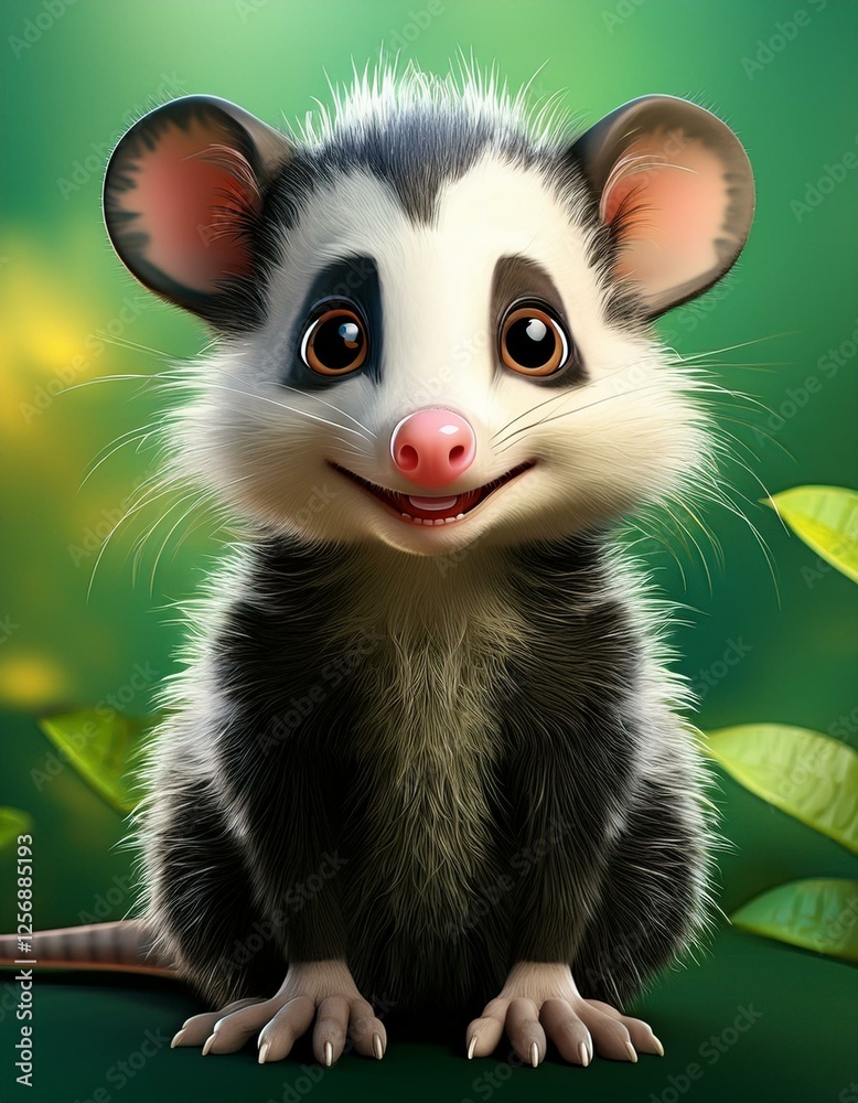 Niedliches Opossum, grüner Hintergrund Niedliches Opossum, grüner Hintergrund