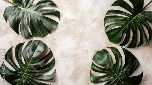 Tropical leaves frame, beige background, flatlay, summer design