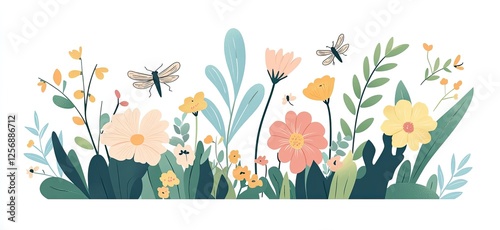 A Vibrant and Delicate Floral Border with Flitting Insects