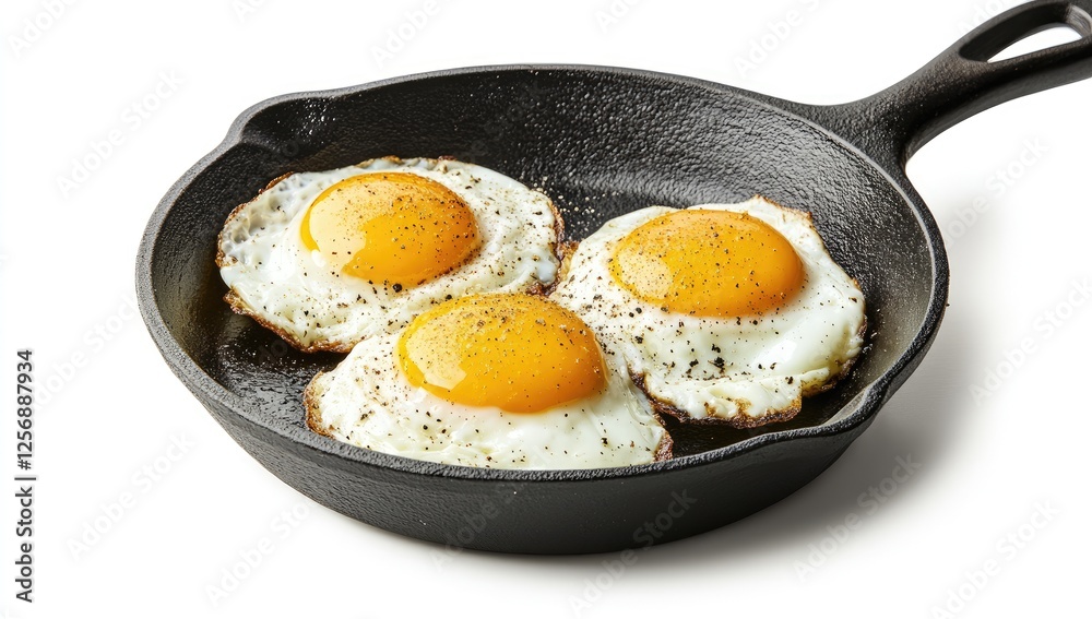 Three Perfectly Fried Eggs in a Cast Iron Skillet, Ready for a Delicious and Nutritious Breakfast. Three Perfectly Fried Eggs in a Cast Iron Skillet, Ready for a Delicious and Nutritious Breakfast.