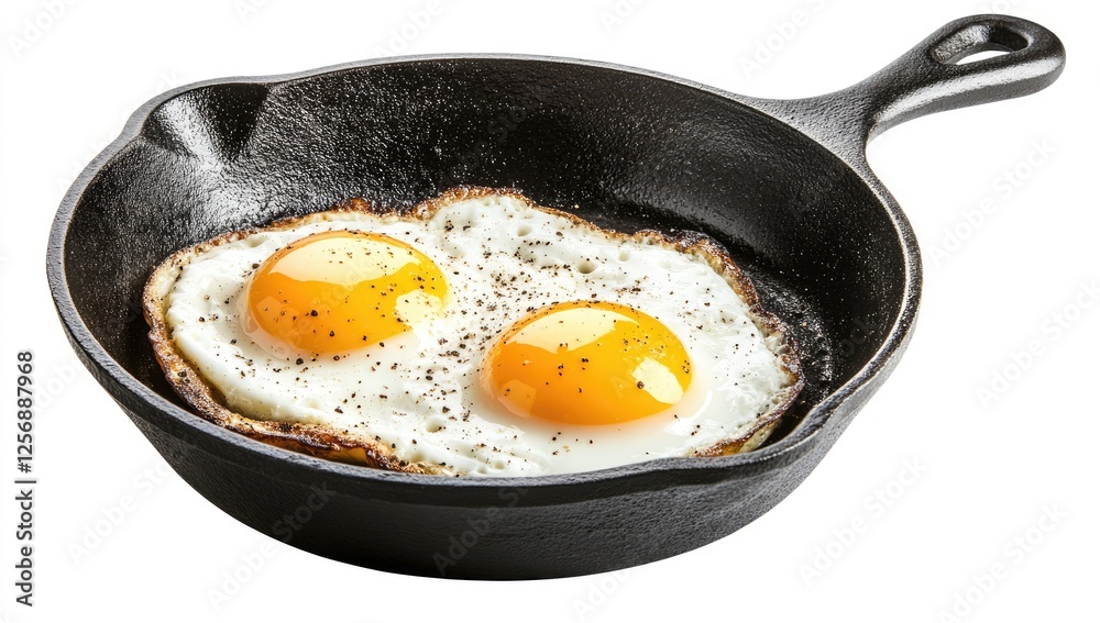 Perfectly Fried Eggs in a Classic Black Cast Iron Skillet, Ready for a Delicious and Healthy Breakfast. Perfectly Fried Eggs in a Classic Black Cast Iron Skillet, Ready for a Delicious and Healthy Breakfast.