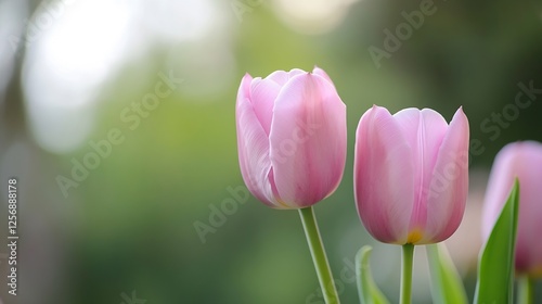 Pair of delicate pink tulip flowers blooming in soft natural light among blurred greenery background : Generative AI