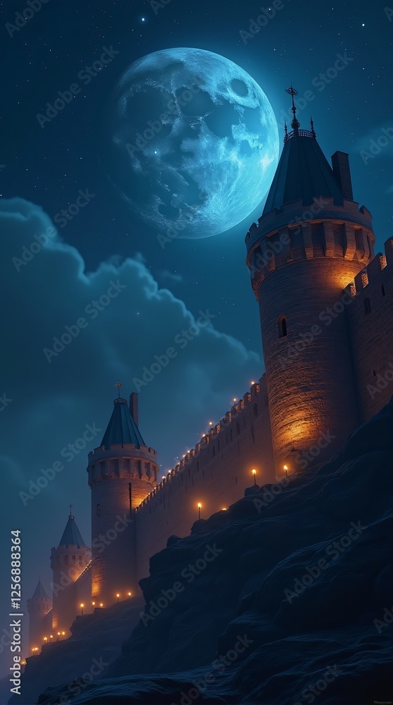 Fototapeta premium A fortress wall under a starry sky, with the moon illuminating its towers and torches