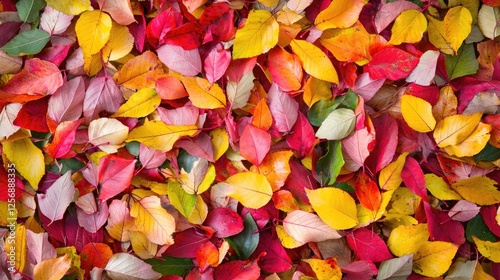 Vibrant autumn leaves in a colorful array covering the ground in a serene natural setting
