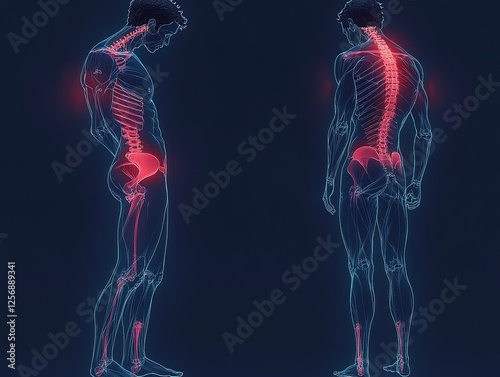 Understanding Human Anatomy: Skeletal System and Muscle Structures, Detailed 3D Visualization of the Back and Legs, Showing Spinal Column and Bone Articulations. photo