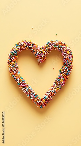 Hot mix sprinkle Colorful Heart Shape Made of Vibrant Sprinkles on a Bright Yellow Background