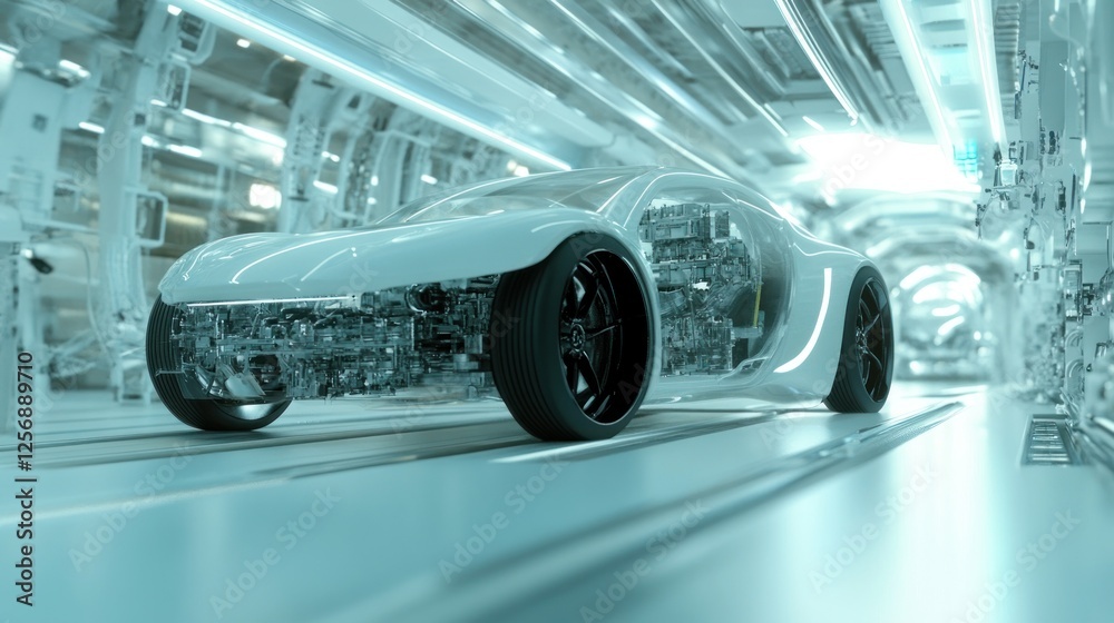 Fototapeta premium Futuristic Car Assembly Line: A Glimpse into Tomorrow's Automotive Technology