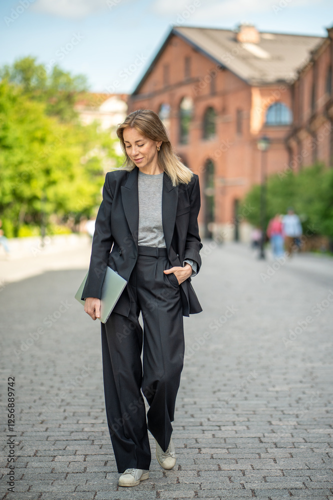 Stylish female entrepreneur with laptop strolling through urban streets alone. Woman digital nomad and self entrepreneur walk alone after work, freelancer balancing work, freedom and city life Stylish female entrepreneur with laptop strolling through urban streets alone. Woman digital nomad and self entrepreneur walk alone after work, freelancer balancing work, freedom and city life