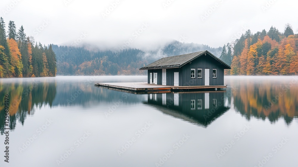 Fototapeta premium Misty lake house autumn reflection serenity