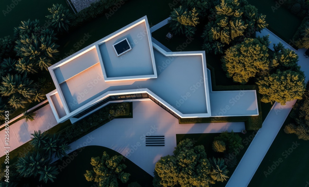 Aerial view of a contemporary home with a lush garden and trees architecture photographyarchitecture city building urban design exterior background tourism