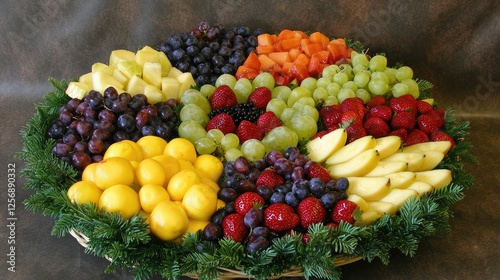 A vibrant fruit platter featuring assorted fresh fruits arranged in a decorative basket