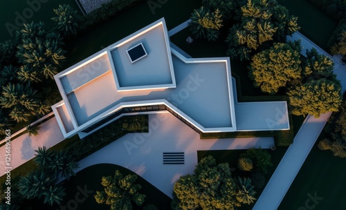 Aerial view of a contemporary home with a lush garden and trees architecture photographyarchitecture city building urban design exterior background tourism