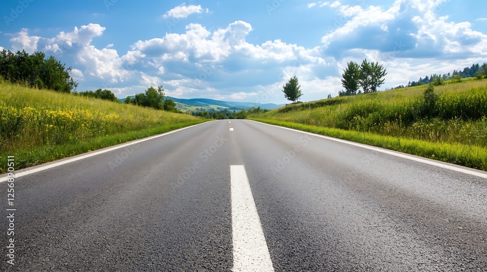 Scenic View of an Open Highway Surrounded by Lush Green Fields and Blue Skies : Generative AI Scenic View of an Open Highway Surrounded by Lush Green Fields and Blue Skies : Generative AI
