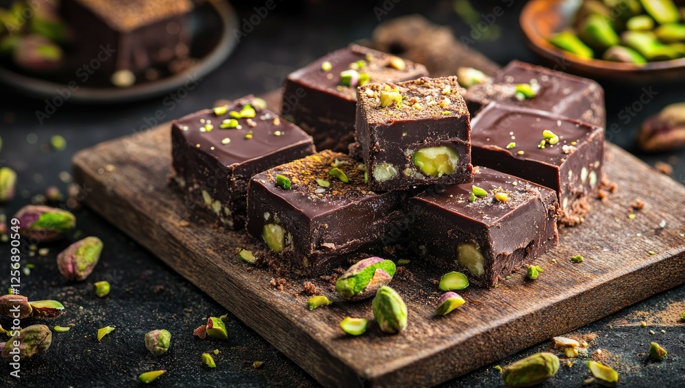 Delicate Dark Chocolate Pistachio Truffle Bites, a Luxurious Treat on a Rustic Wooden Board Delicate Dark Chocolate Pistachio Truffle Bites, a Luxurious Treat on a Rustic Wooden Board