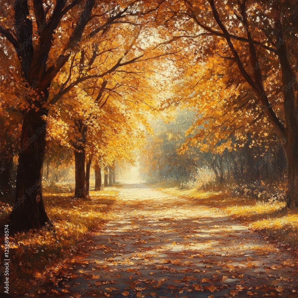 Fototapeta premium Autumnal path, sunlit leaves, park, fall