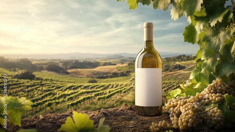 Fototapeta premium White wine bottle mockup set in a scenic vineyard landscape with rolling hills and lush grapevines