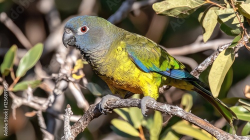 Vibrant parrot perched on a branch amidst lush greenery, showcasing nature's beauty and wildlife
