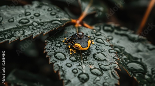 Close-up of a vibrant black and yellow frog perched on wet green leaves after rain